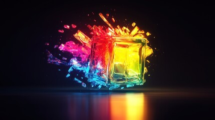 Poster - Rainbow cube explodes in vibrant colors on dark background