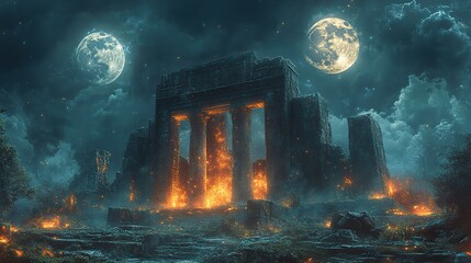 Wall Mural - ancient ruins overgrown with luminous vines stand silently beneath a sky filled with two orbiting mo