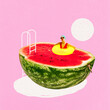 © master1305 - Young woman in swimsuit and cap floats inside sliced watermelon as pool against pink background. Contemporary art collage. Concept of summer, vacation, surrealism, creative design, retro aesthetics