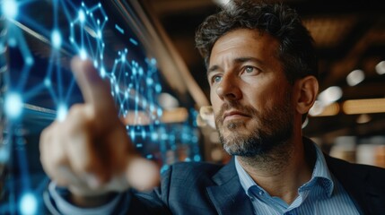 Poster - Adult Caucasian male entrepreneur in business suit interacting with digital holographic network interface visualizing blockchain nodes and data flow representing innovation in decentralized commerce.