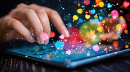 Poster - Fingers tapping on touchscreen with colorful heart-shaped icons floating in air, representing social commerce interaction, personalized AI-driven product suggestions, digital engagement.