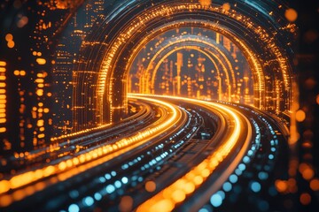 Poster - a futuristic tunnel, curving and glowing with orange and blue light, detailed with digital circuitry