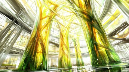 Poster - luminous abstract trees in modern architecture with a golden hue and an atmosphere of fantasy and ar