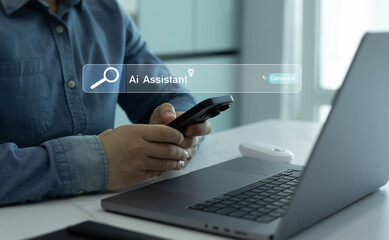 Fototapete - Person searching for information with the help of Ai assistant.Virtual assistant, artificial intelligence Bot and CRM software automation technology.Ai generator documents,bot writing and coding.