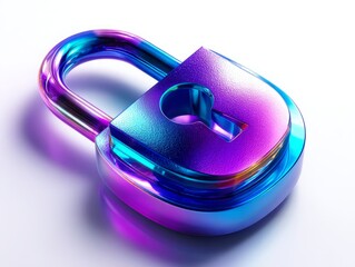 Poster - Iridescent padlock on white surface representing digital security concept
