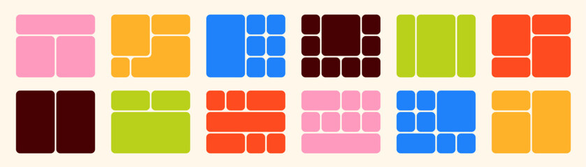 Fototapete - Rounded corners bento grid template set. Colorful trendy geometric layout collection. Pictures collage