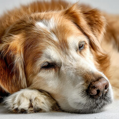 Poster - Closeup portrait of a senior golden retriever dog resting peacefully showcasing its soft fur gentle eyes and aging muzzle. The dog's calm demeanor evokes feelings of tranquility and co : Generative AI