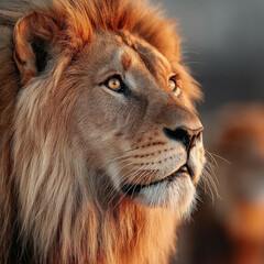 Aufkleber - Majestic male lion portrait golden hour light illuminating its thick mane and intense gaze showcasing powerful features and wild beauty. : Generative AI