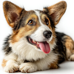 Poster - Happy Pembroke Welsh Corgi dog lying down tongue out looking to the side studio shot on white background. Adorable pet portrait with brown white and black fur. : Generative AI