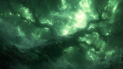 Wall Mural - emerald tendrils intertwine with forgotten relics, bathed in the ethereal glow of a nascent, celesti