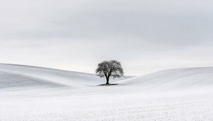 Poster - Solitary tree stands in a snowcovered field rolling hills under a pale winter sky minimalist landscape photography. : Generative AI
