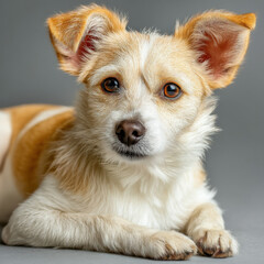 Poster - Adorable small mixed breed dog with tan and white fur lying down and looking directly at the camera with big expressive orange eyes.  The dog's ears are large and erect adding to its c : Generative AI