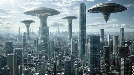 Poster - Futuristic metropolitan cityscape with flying crafts depicting progress and technological innovation in a utopian urban landscape concept