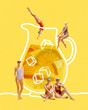 © master1305 - Group of women in swimsuits interact around jug of iced lemonade with drawn white lines on yellow background. Contemporary art collage. Concept of summer, vacation, surrealism, creative design