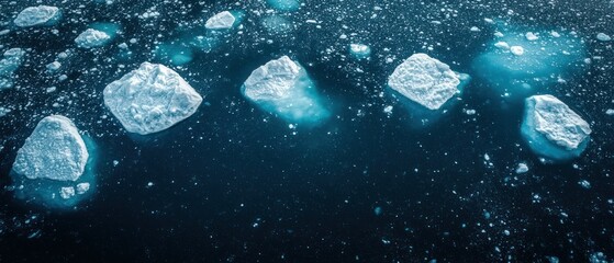 icebergs float calmly atop dark water, creating pristine landscape reflecting climate change.