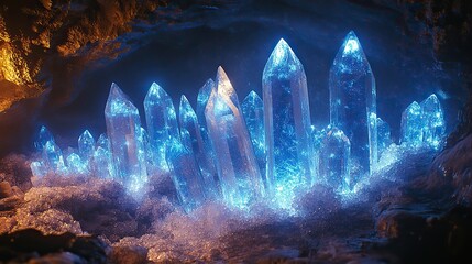 Wall Mural - indigo crystals jut out from a cavern wall, their facets catching the faint glow of phosphorescent m