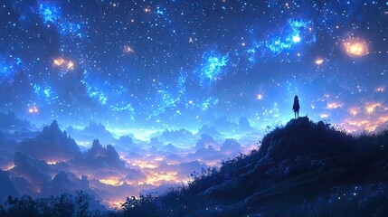 Wall Mural - indigo night sky filled with countless stars, illuminating a solitary figure standing on a hilltop.