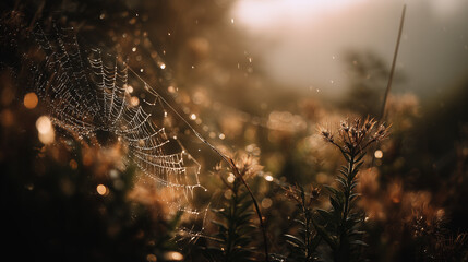 Capture the delicate beauty of nature's artistry. A captivating macro shot of a spider web glistening with morning dew. Experience the tranquil morning, perfect for any nature scene.
