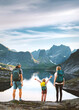 © EVERST - Family vacation in Norway - parents and child hiking in Lofoten Islands explore mountain trails, father mother and kid on active summer tour adventure holidays outdoor fun and healthy lifestyle hobby
