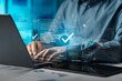 © Dee karen - Businessman doing online survey to fill out digital document form for business performance review, document management concept, online document database and digital filing system or software.