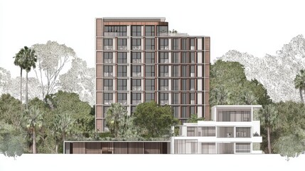 Poster - Architectural visualization showcases modern residential building amidst lush greenery emphasizing urban living and nature integration