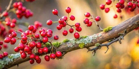 Tiny red berries cluster on a single branch with intricate twig details and delicate bark texture, nature, flowers,  nature