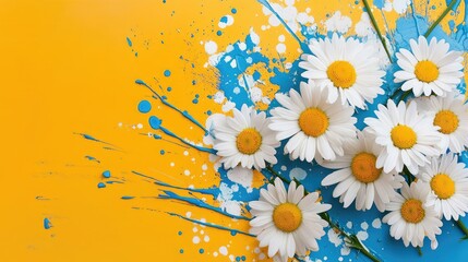 Poster - Artistic splash of blue on bright yellow, with cheerful white daisies adding a fresh, vibrant touch to the lively scene