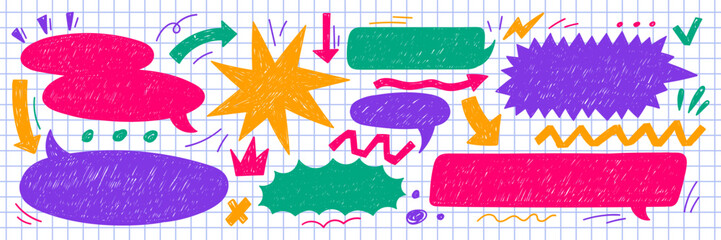 Aufkleber - Set of text boxes, speech bubbles, arrow and star with crayon or chalk texture. Retro illustration on the notebook pages.