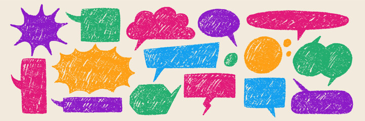 Aufkleber - Vector graphic set of speech bubbles hand-drawn with pencil, crayon, chalk or pastel. Colorful vector text boxes for dialogue with organic texture in retro style.