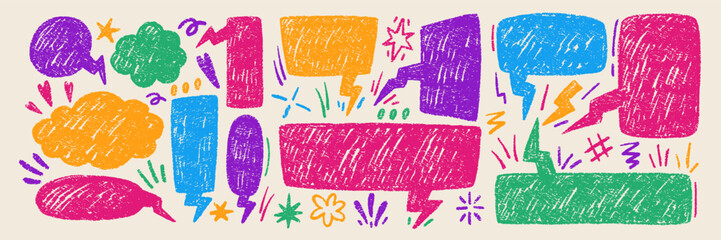 Aufkleber - Set of speech bubbles, hearts and stars illustrated with chalk and crayon. Color vector text boxes for fun conversation in retro style.