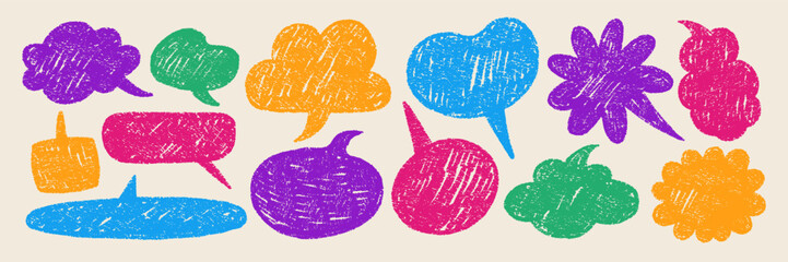 Aufkleber - Speech bubbles drawn with organic texture. Text boxes with chalk and crayon texture for a conversation. Color vector illustration in retro style.