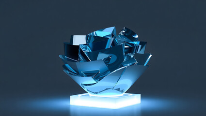 Fototapete - Abstract Glass Sculpture Mirrored Surface, Blue Hues, Modern Art