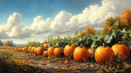 Wall Mural - Pumpkin vines sprawling across a fertile patch of earth, promising a harvest of autumnal delights.