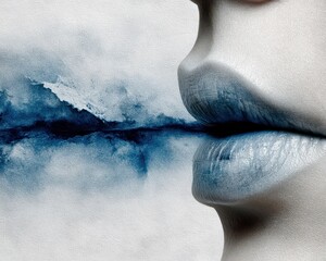 Poster - Ethereal Silhouette of Human Lips with Emotional Watercolor Effects Representing Deep Feelings and Thoughts in a Dreamlike Double Exposure Style
