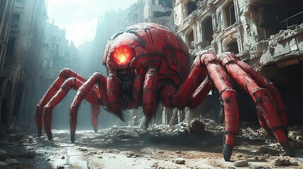 Ruby light emanates from the heart of a colossal, mechanical spider crawling through a ruined cityscape.
