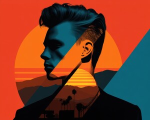 Poster - Double Exposure Silhouette of a Man Against a Vibrant Sunset and Geometric Shapes Representing Emotions and Feelings in Bold Colors