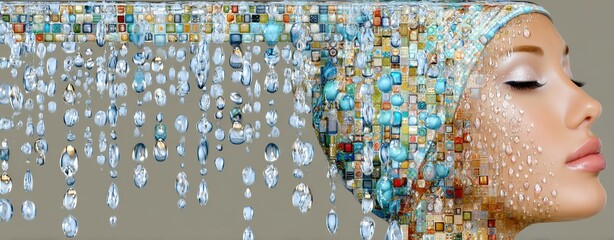 Poster - Emotions and Feelings Expressed Through Double Exposure Silhouette of a Woman with Water and Mosaic Elements