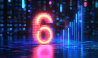 Poster - Digital number six illuminated with glowing bars representing growth and data analysis.