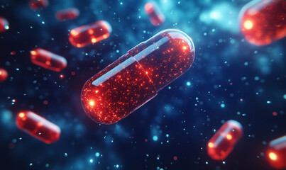 Poster - Glowing Red Capsules Floating in Abstract Space with Sparkling Background.
