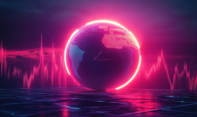 Poster - futuristic glowing globe with neon pink accents and digital sound waves.