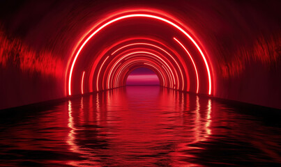 Poster - Illuminated tunnel with red neon lights reflecting on water surface.