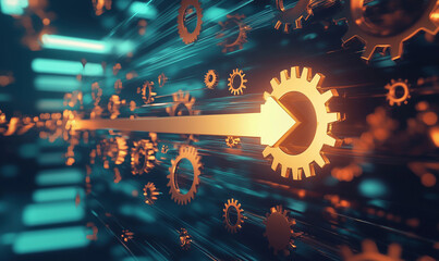 Poster - Futuristic gears and arrows representing technology and innovation in motion.