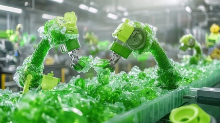 Poster - Zero-emission robotic arms mold recycled plastic into new eco-products on a green production line