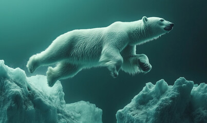 polar bear leaping gracefully over icebergs in serene arctic waters.