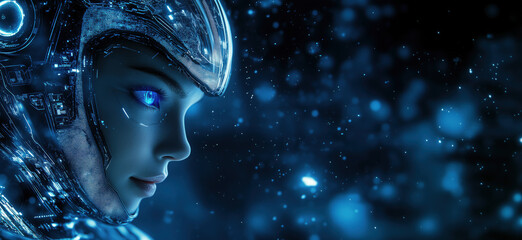 Poster - Futuristic cyborg woman with glowing blue eyes in high-tech environment.