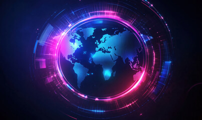 Poster - Futuristic digital globe with vibrant neon lights and global connectivity design.