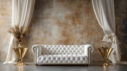 Poster - Velvet tufted couch styled with gold accents, draped curtains in similar tones, textured wall softly lit