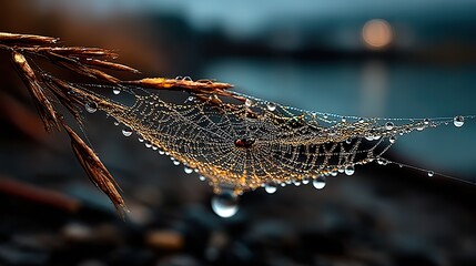 The intricate details of a spiderweb glistening with morning dew, capturing tiny water droplets.