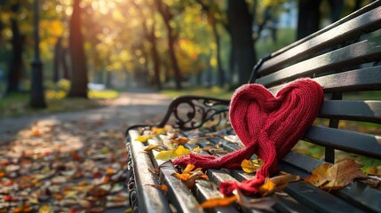 Poster - Romantic red scarf tied into a heart on a park bench, leaves scattered around