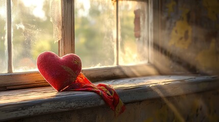 Poster - Scarf heart on a window sill with sunlight beaming in, symbol of affection and comfort